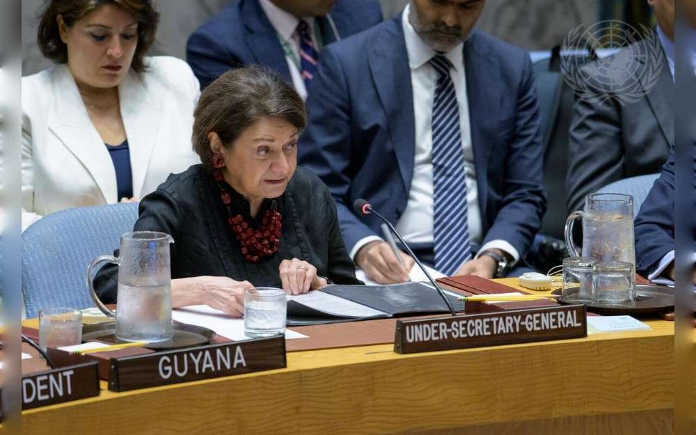 Rosemary DiCarlo, Under-Secretary-General for Political and Peacebuilding Affairs, briefs the United Nations Security Council meeting on threats to international peace and security on June 20,2025-UN Photo/Manuel Elias