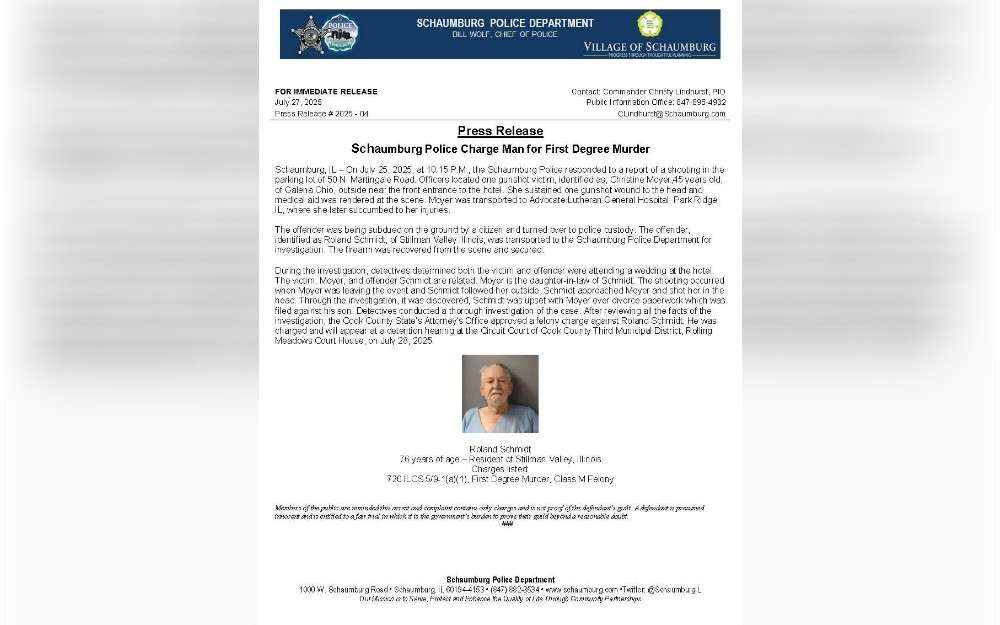 The Schaumburg Police Department has accused Stillman Valley resident Roland Schmidt, 76, with first-degree murder. Schmidt showed up for a detention hearing on July 28 at a Rolling Meadows courthouse, according to a statement from the Schaumburg Police Department.