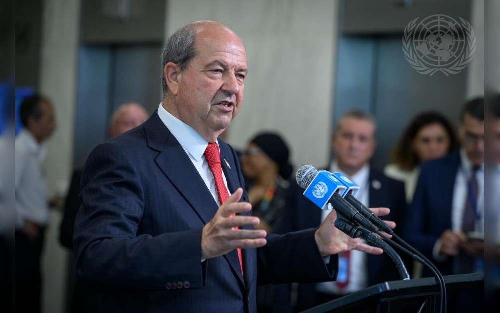 Ersin Tatar, Leader of Turkish Cypriot Community, briefs reporters after the informal meeting on Cyprus o