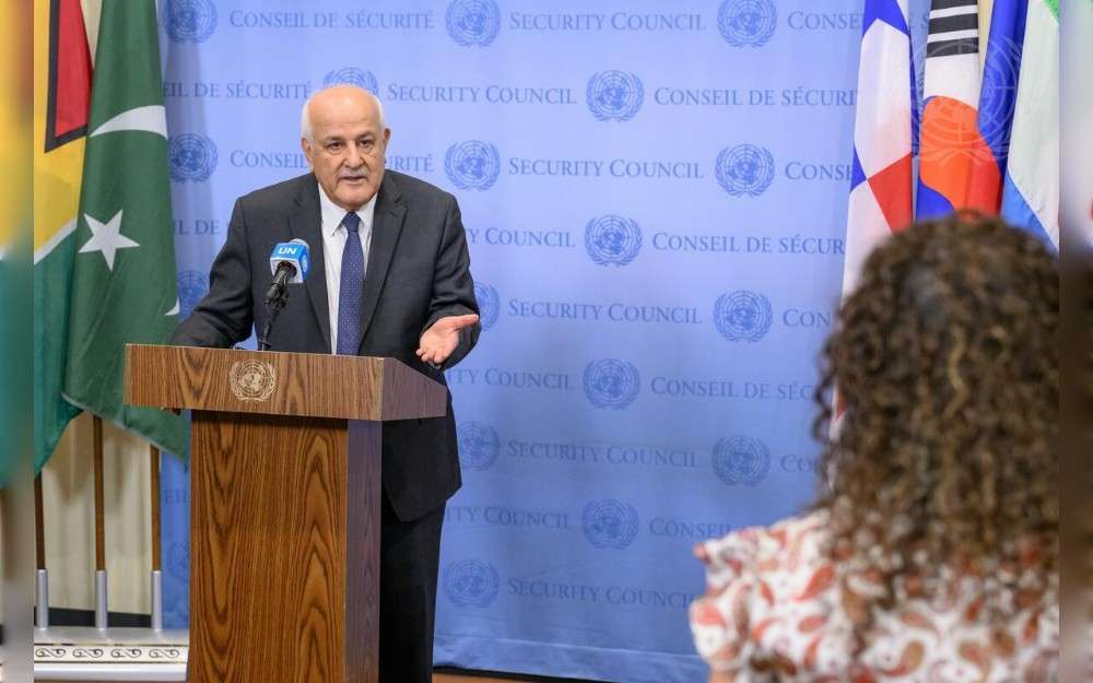 Riyad Mansour, Permanent Observer of the State of Palestine to the United Nations, briefs reporters on the situation in Gaza on 