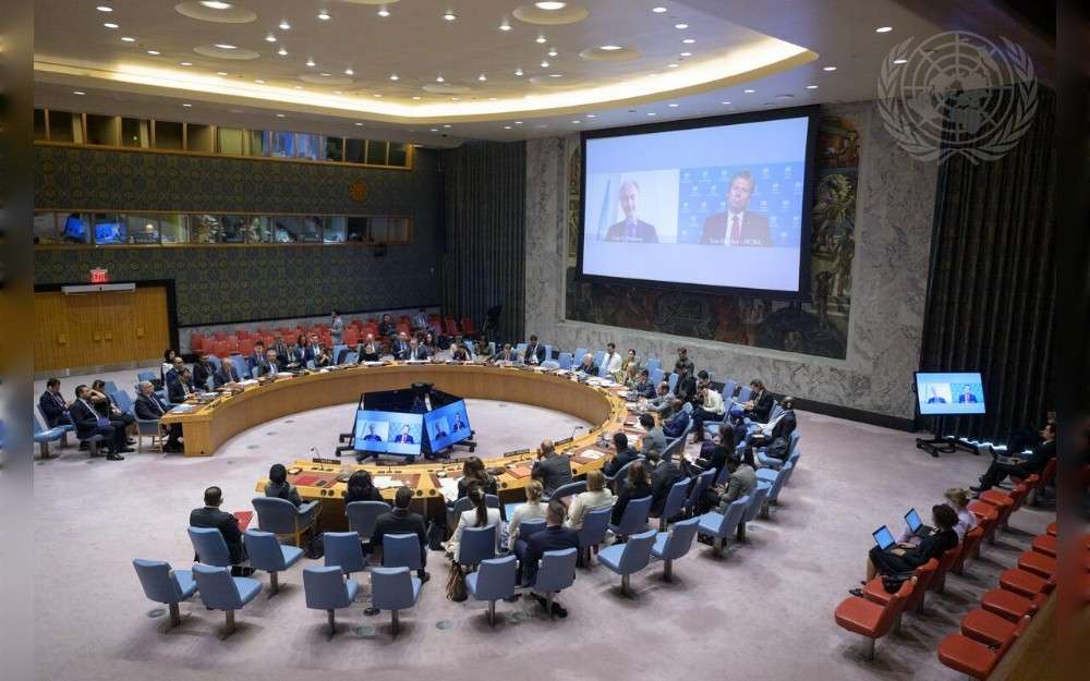 Geir O. Pedersen UN Special Envoy for Syria, and Tom Fletcher, UN Under-Secretary-General for Humanitarian Affairs and Emergency Relief Coordinator (on screen right), address the United Nations Security council meeting on the situation in the Middle East(Syria).