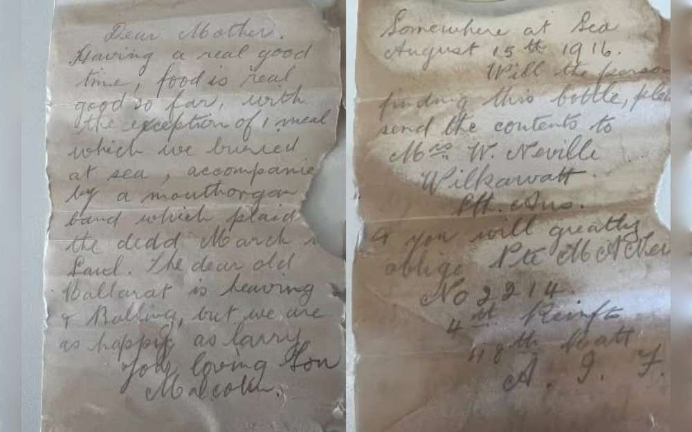 On Wharton Beach in southern Western Australia, a handwritten pencil note dated August 15, 1916, was found in a bottle.  Malcolm Alexander Neville's note requests that the finder deliver it to his mother in Wilkawatt, South Australia.  