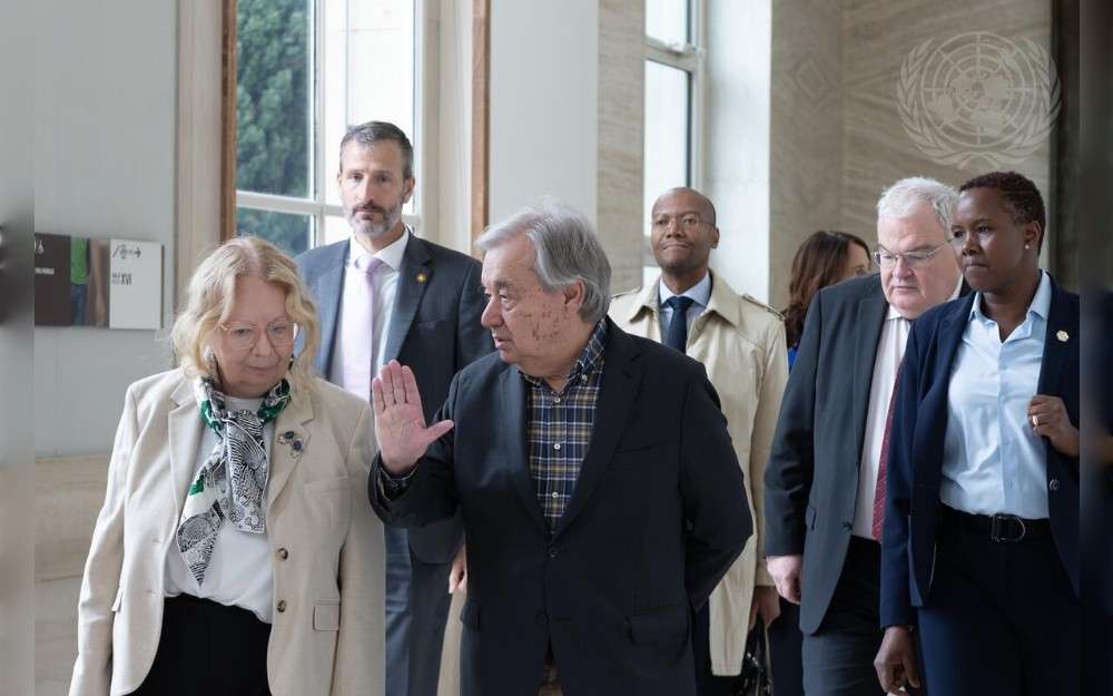 United Nations Secretary-General António Guterres speaks with Tatiana Valovaya, Director-General of the United Nations Office at Geneva.