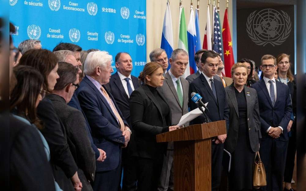 Khrystyna Hayovyshyn, Deputy Permanent Representative of Ukraine to the United Nations, briefs reporters at UN Headquarters in New York.
