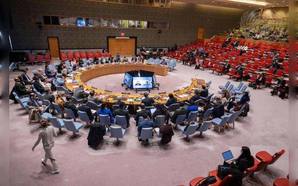 A wide view of the United Nations Security Council meeting on Climate and Security: environmental impact of armed conflict and climate-driven security risks, under threats to international peace and security.
