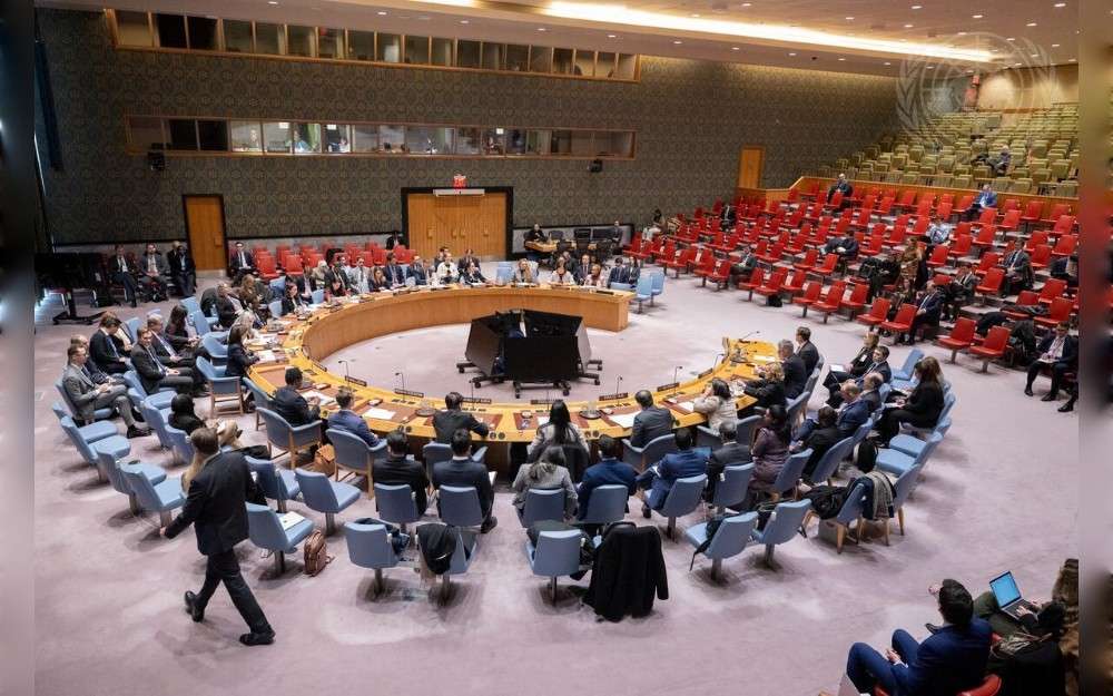 A wide view of the United Nations Security Council meeting on the maintenance of peace and security of Ukraine.