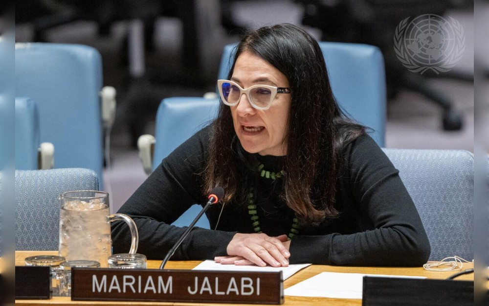 Mariam Jalabi, Co-founder of the Syrian Women’s Political Movement, addresses the United Nations Security Council meeting on the situation in the Middle East (Syria).