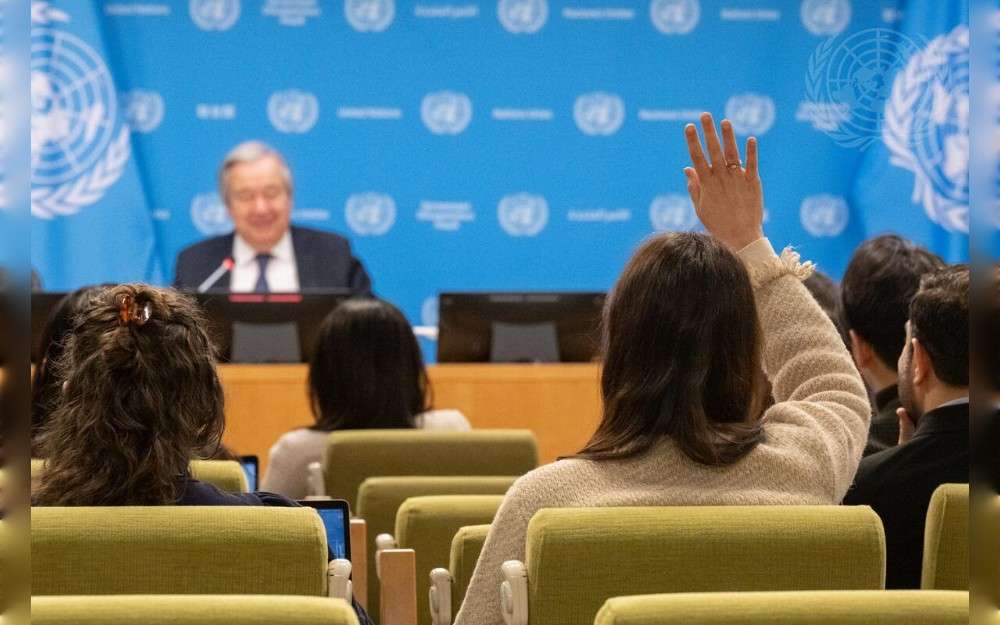 A view of the press briefing by the United Nations Secretary-General António Guterres on the Independent International Scientific Panel on Artificial Intelligence.