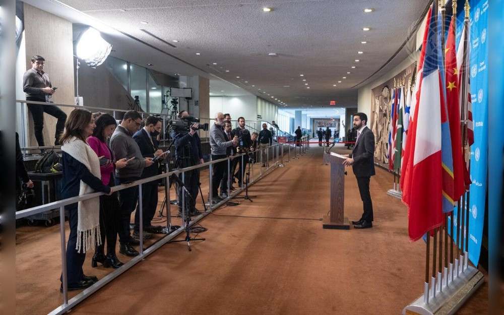 Ibrahim Olabi Permanent Representative of the Syrian Arab Republic to the United Nations, briefs reporters after the United Nations Security Council meeting on the situation in Syria on February