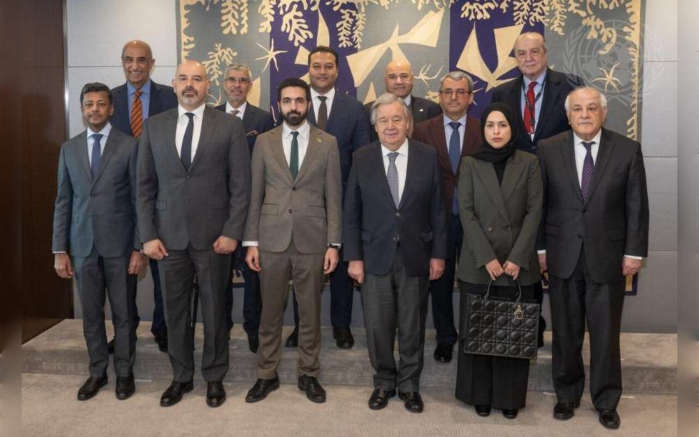 United Nations Secretary-General António Guterres (centre right) meets with Permanent Representatives to the United Nations of the Extended Troika of the Arab Group.