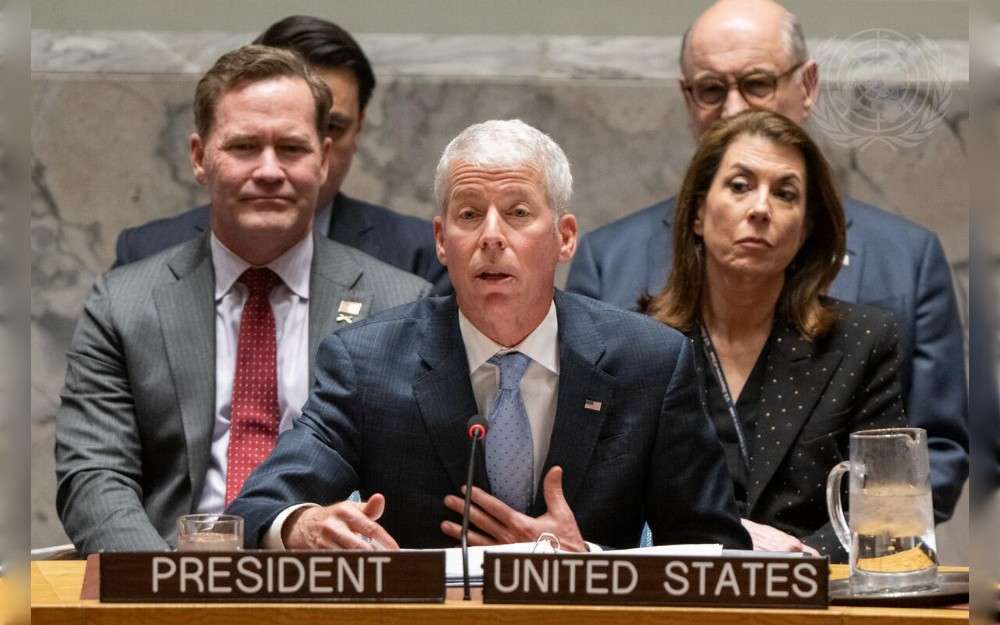 Chris Wright, Secretary of Energy of the United States and President of the United Nations Security Council for the month of March, chairs the Security Council meeting on energy, critical minerals, and security, under the colors agenda item maintainance of international peace and security