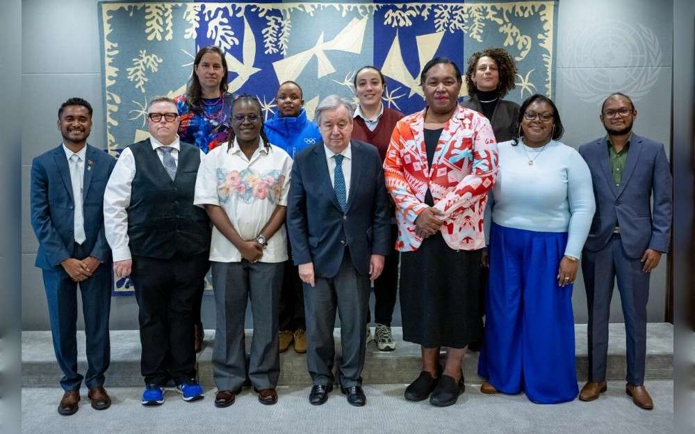 United Nations Secretary-General António Guterres (center) meets with a group of LGBTI Human Rights Defenders at the UN Headquarters in New York.